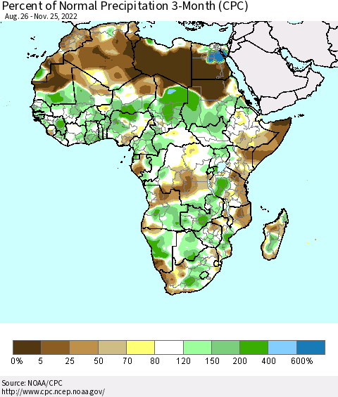 Africa Percent of Normal Precipitation 3-Month (CPC) Thematic Map For 8/26/2022 - 11/25/2022