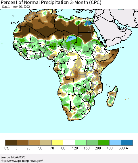 Africa Percent of Normal Precipitation 3-Month (CPC) Thematic Map For 9/1/2022 - 11/30/2022