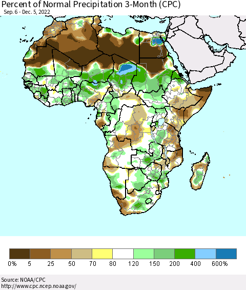 Africa Percent of Normal Precipitation 3-Month (CPC) Thematic Map For 9/6/2022 - 12/5/2022