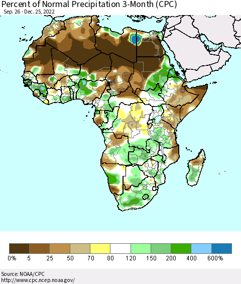 Africa Percent of Normal Precipitation 3-Month (CPC) Thematic Map For 9/26/2022 - 12/25/2022