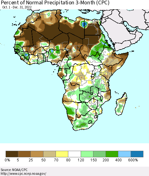 Africa Percent of Normal Precipitation 3-Month (CPC) Thematic Map For 10/1/2022 - 12/31/2022