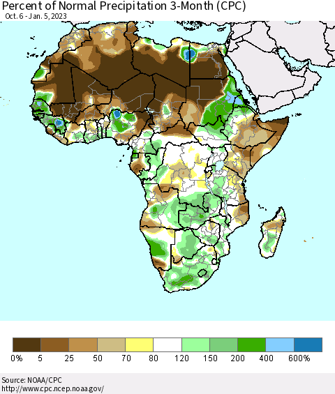 Africa Percent of Normal Precipitation 3-Month (CPC) Thematic Map For 10/6/2022 - 1/5/2023