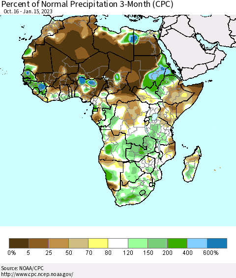 Africa Percent of Normal Precipitation 3-Month (CPC) Thematic Map For 10/16/2022 - 1/15/2023