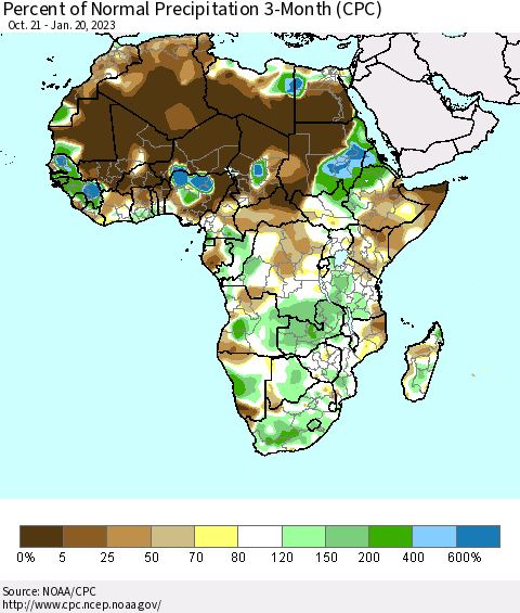 Africa Percent of Normal Precipitation 3-Month (CPC) Thematic Map For 10/21/2022 - 1/20/2023