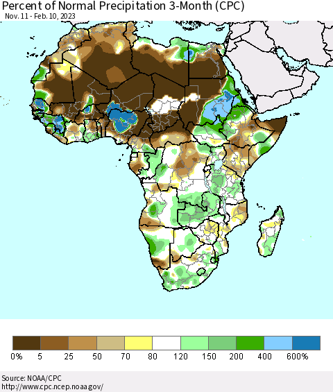 Africa Percent of Normal Precipitation 3-Month (CPC) Thematic Map For 11/11/2022 - 2/10/2023