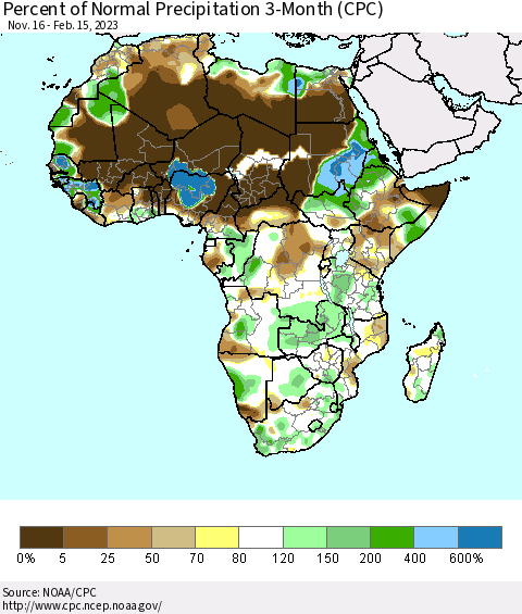 Africa Percent of Normal Precipitation 3-Month (CPC) Thematic Map For 11/16/2022 - 2/15/2023