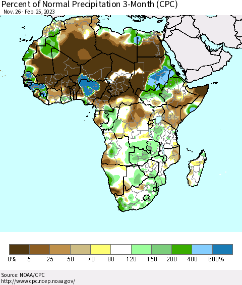 Africa Percent of Normal Precipitation 3-Month (CPC) Thematic Map For 11/26/2022 - 2/25/2023