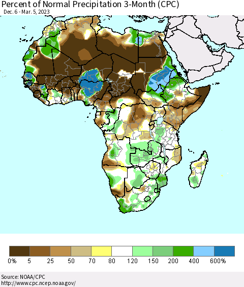 Africa Percent of Normal Precipitation 3-Month (CPC) Thematic Map For 12/6/2022 - 3/5/2023