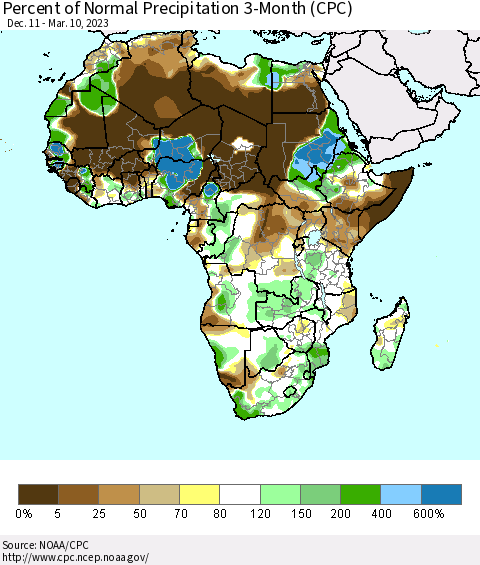 Africa Percent of Normal Precipitation 3-Month (CPC) Thematic Map For 12/11/2022 - 3/10/2023