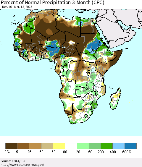 Africa Percent of Normal Precipitation 3-Month (CPC) Thematic Map For 12/16/2022 - 3/15/2023