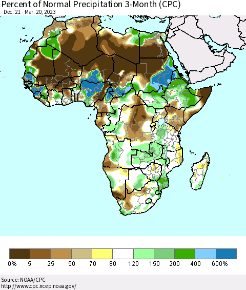 Africa Percent of Normal Precipitation 3-Month (CPC) Thematic Map For 12/21/2022 - 3/20/2023