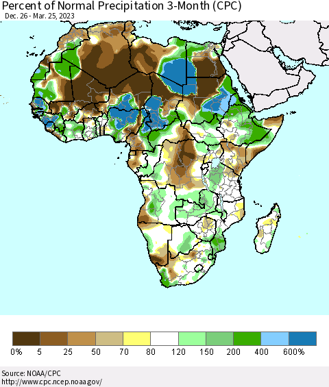 Africa Percent of Normal Precipitation 3-Month (CPC) Thematic Map For 12/26/2022 - 3/25/2023