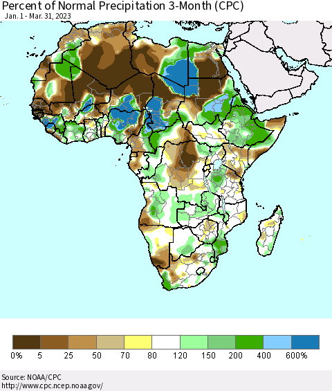 Africa Percent of Normal Precipitation 3-Month (CPC) Thematic Map For 1/1/2023 - 3/31/2023