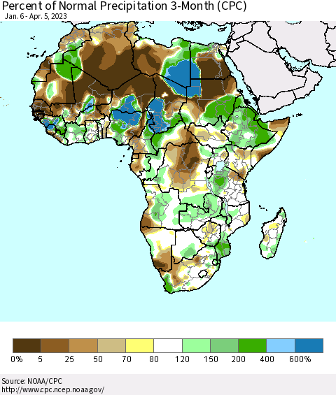Africa Percent of Normal Precipitation 3-Month (CPC) Thematic Map For 1/6/2023 - 4/5/2023