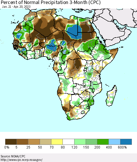 Africa Percent of Normal Precipitation 3-Month (CPC) Thematic Map For 1/21/2023 - 4/20/2023