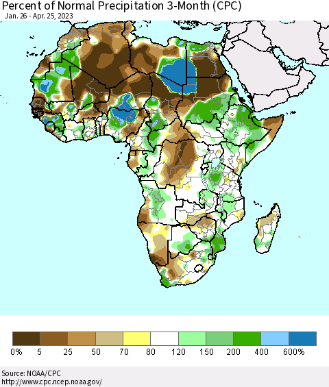 Africa Percent of Normal Precipitation 3-Month (CPC) Thematic Map For 1/26/2023 - 4/25/2023