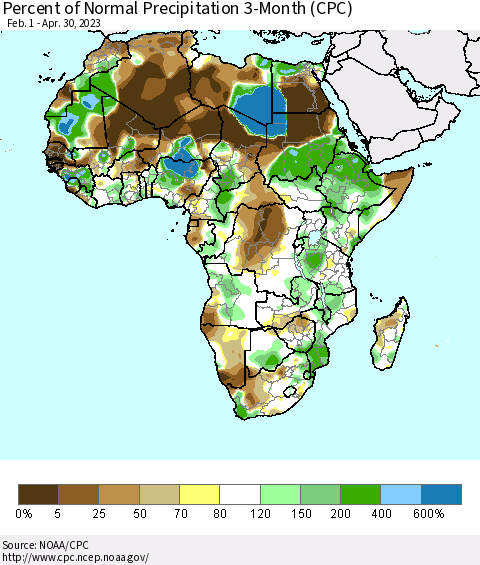 Africa Percent of Normal Precipitation 3-Month (CPC) Thematic Map For 2/1/2023 - 4/30/2023