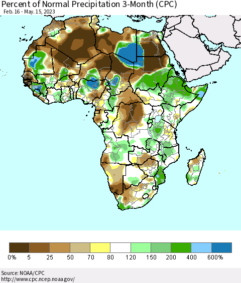 Africa Percent of Normal Precipitation 3-Month (CPC) Thematic Map For 2/16/2023 - 5/15/2023