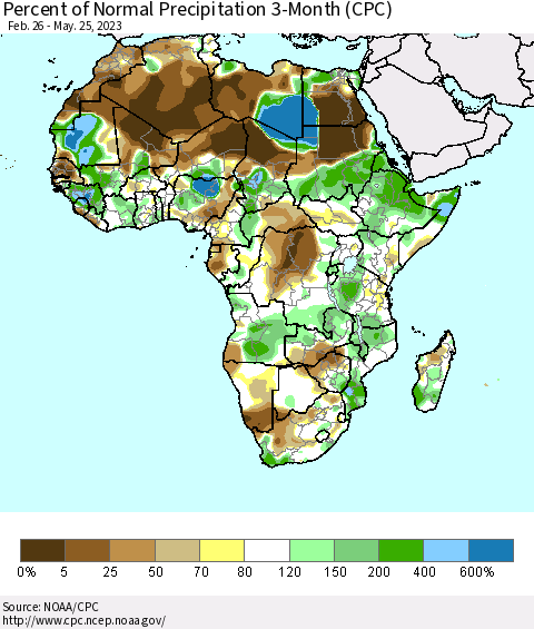 Africa Percent of Normal Precipitation 3-Month (CPC) Thematic Map For 2/26/2023 - 5/25/2023