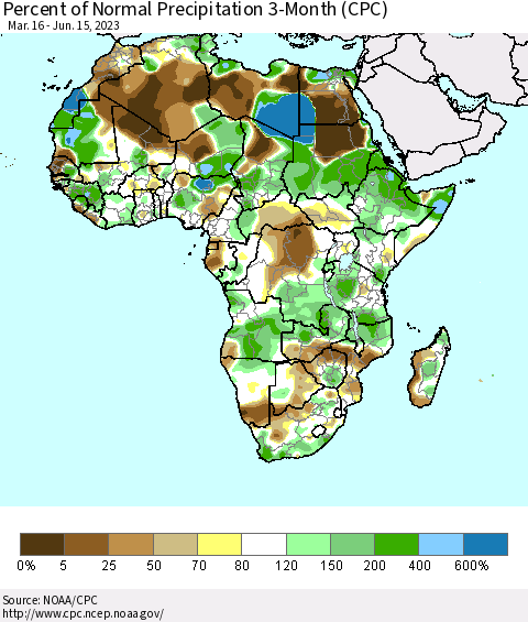 Africa Percent of Normal Precipitation 3-Month (CPC) Thematic Map For 3/16/2023 - 6/15/2023