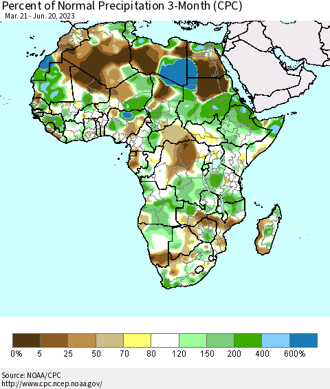 Africa Percent of Normal Precipitation 3-Month (CPC) Thematic Map For 3/21/2023 - 6/20/2023