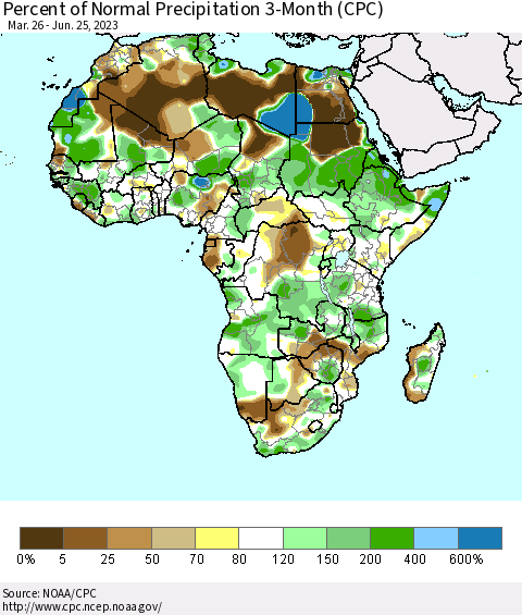 Africa Percent of Normal Precipitation 3-Month (CPC) Thematic Map For 3/26/2023 - 6/25/2023
