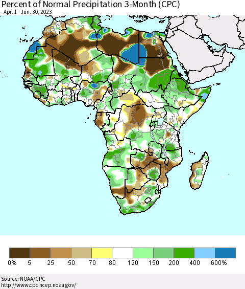 Africa Percent of Normal Precipitation 3-Month (CPC) Thematic Map For 4/1/2023 - 6/30/2023