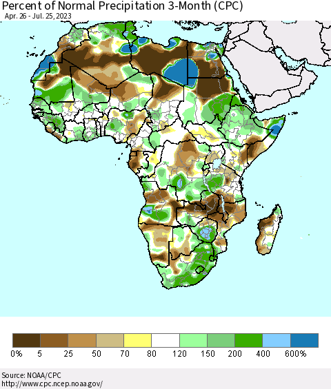 Africa Percent of Normal Precipitation 3-Month (CPC) Thematic Map For 4/26/2023 - 7/25/2023
