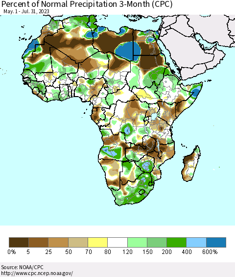Africa Percent of Normal Precipitation 3-Month (CPC) Thematic Map For 5/1/2023 - 7/31/2023