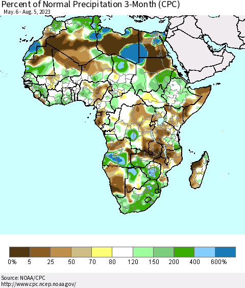 Africa Percent of Normal Precipitation 3-Month (CPC) Thematic Map For 5/6/2023 - 8/5/2023