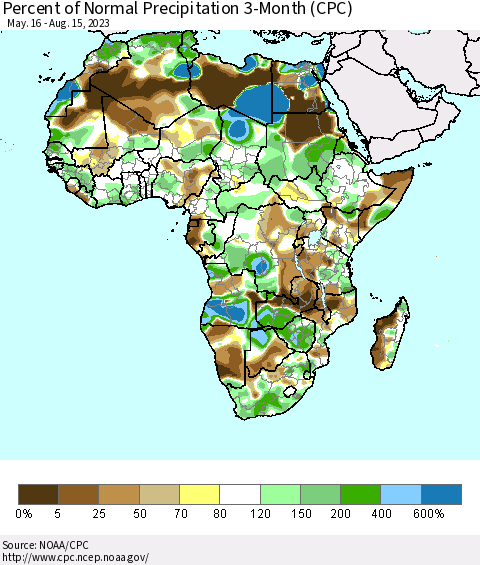 Africa Percent of Normal Precipitation 3-Month (CPC) Thematic Map For 5/16/2023 - 8/15/2023