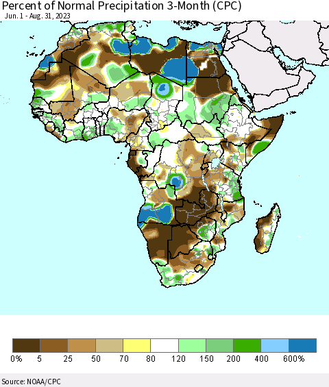 Africa Percent of Normal Precipitation 3-Month (CPC) Thematic Map For 6/1/2023 - 8/31/2023