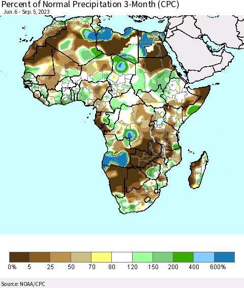 Africa Percent of Normal Precipitation 3-Month (CPC) Thematic Map For 6/6/2023 - 9/5/2023