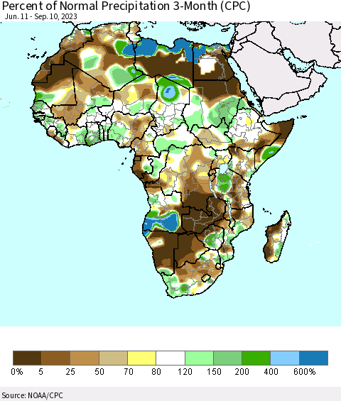 Africa Percent of Normal Precipitation 3-Month (CPC) Thematic Map For 6/11/2023 - 9/10/2023