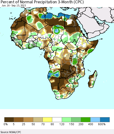 Africa Percent of Normal Precipitation 3-Month (CPC) Thematic Map For 6/16/2023 - 9/15/2023