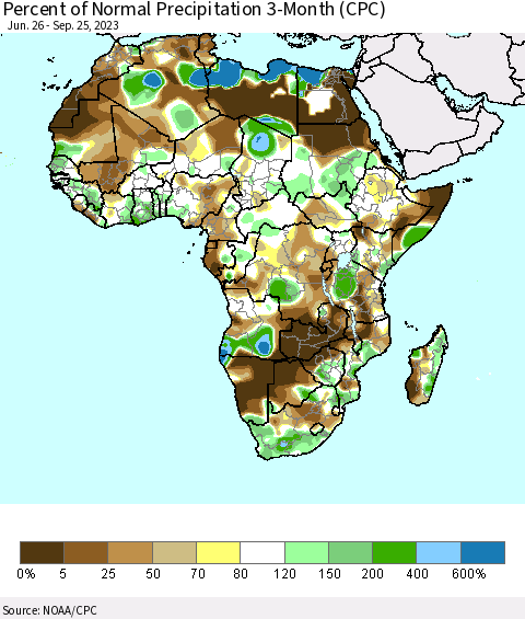 Africa Percent of Normal Precipitation 3-Month (CPC) Thematic Map For 6/26/2023 - 9/25/2023