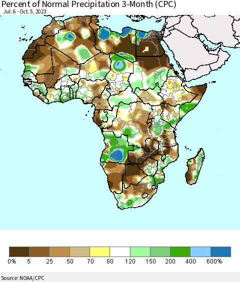 Africa Percent of Normal Precipitation 3-Month (CPC) Thematic Map For 7/6/2023 - 10/5/2023