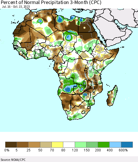 Africa Percent of Normal Precipitation 3-Month (CPC) Thematic Map For 7/16/2023 - 10/15/2023