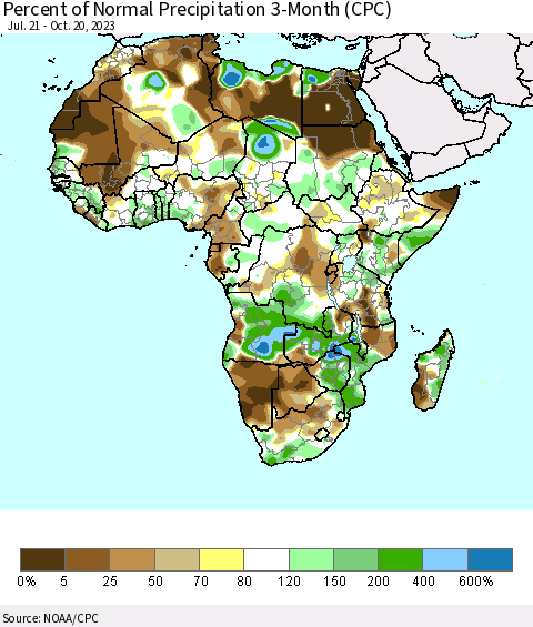 Africa Percent of Normal Precipitation 3-Month (CPC) Thematic Map For 7/21/2023 - 10/20/2023