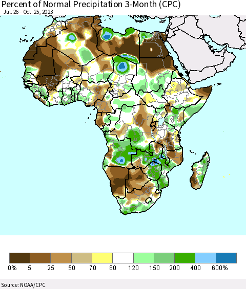 Africa Percent of Normal Precipitation 3-Month (CPC) Thematic Map For 7/26/2023 - 10/25/2023