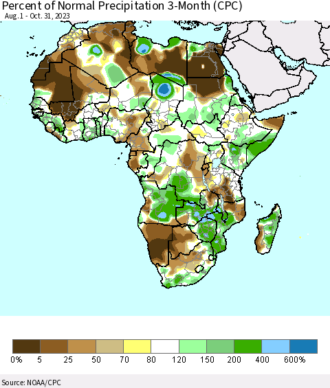 Africa Percent of Normal Precipitation 3-Month (CPC) Thematic Map For 8/1/2023 - 10/31/2023