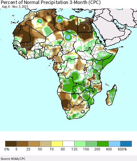 Africa Percent of Normal Precipitation 3-Month (CPC) Thematic Map For 8/6/2023 - 11/5/2023