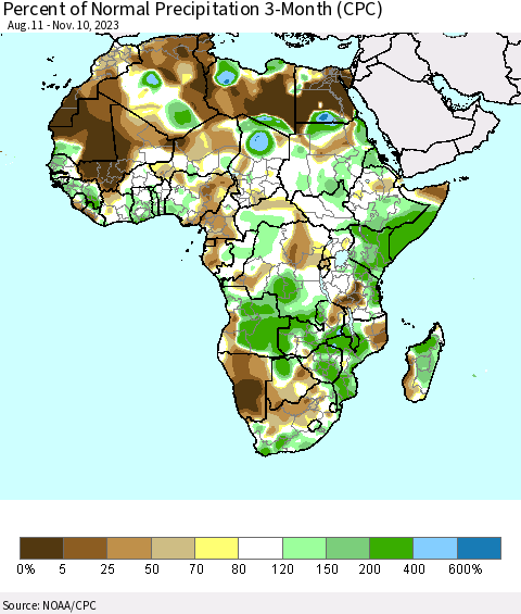 Africa Percent of Normal Precipitation 3-Month (CPC) Thematic Map For 8/11/2023 - 11/10/2023