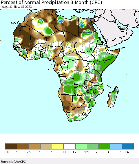 Africa Percent of Normal Precipitation 3-Month (CPC) Thematic Map For 8/16/2023 - 11/15/2023