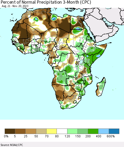 Africa Percent of Normal Precipitation 3-Month (CPC) Thematic Map For 8/21/2023 - 11/20/2023