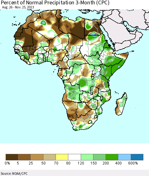 Africa Percent of Normal Precipitation 3-Month (CPC) Thematic Map For 8/26/2023 - 11/25/2023