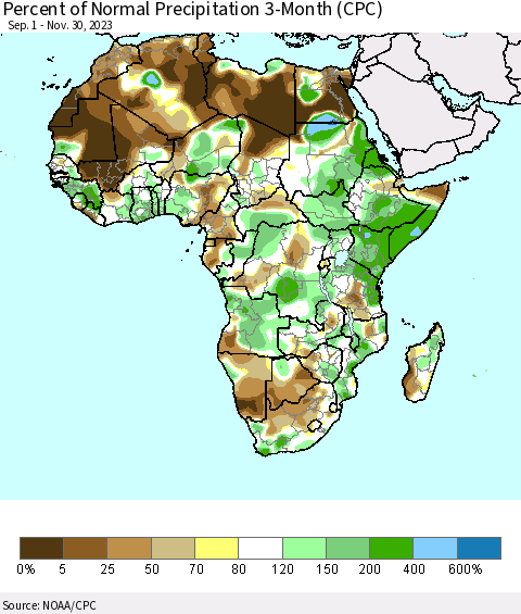 Africa Percent of Normal Precipitation 3-Month (CPC) Thematic Map For 9/1/2023 - 11/30/2023