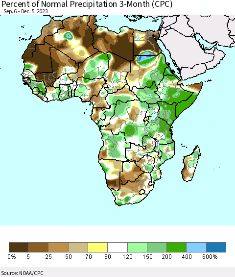 Africa Percent of Normal Precipitation 3-Month (CPC) Thematic Map For 9/6/2023 - 12/5/2023
