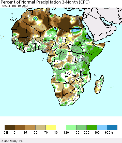 Africa Percent of Normal Precipitation 3-Month (CPC) Thematic Map For 9/11/2023 - 12/10/2023