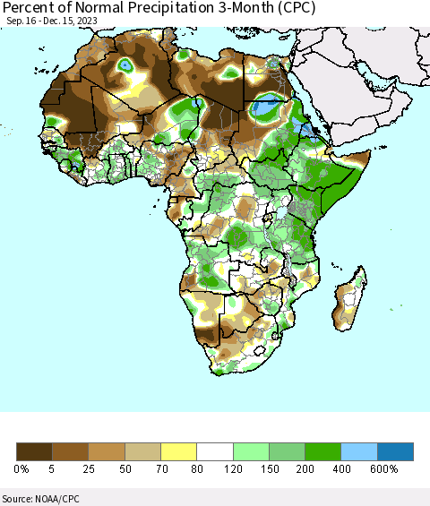 Africa Percent of Normal Precipitation 3-Month (CPC) Thematic Map For 9/16/2023 - 12/15/2023
